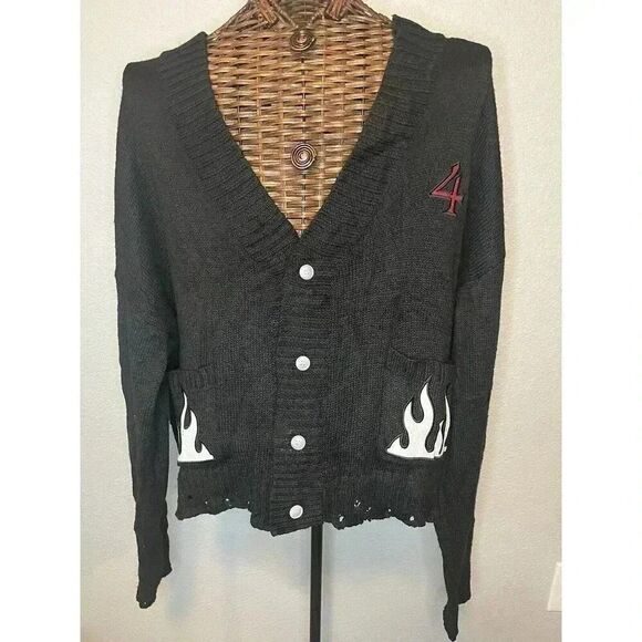 STRANGER THINGS PACSUN BLACK THINGS FLAMES CARDIGAN SWEATER SIZE LARGE - Picture 3 of 9